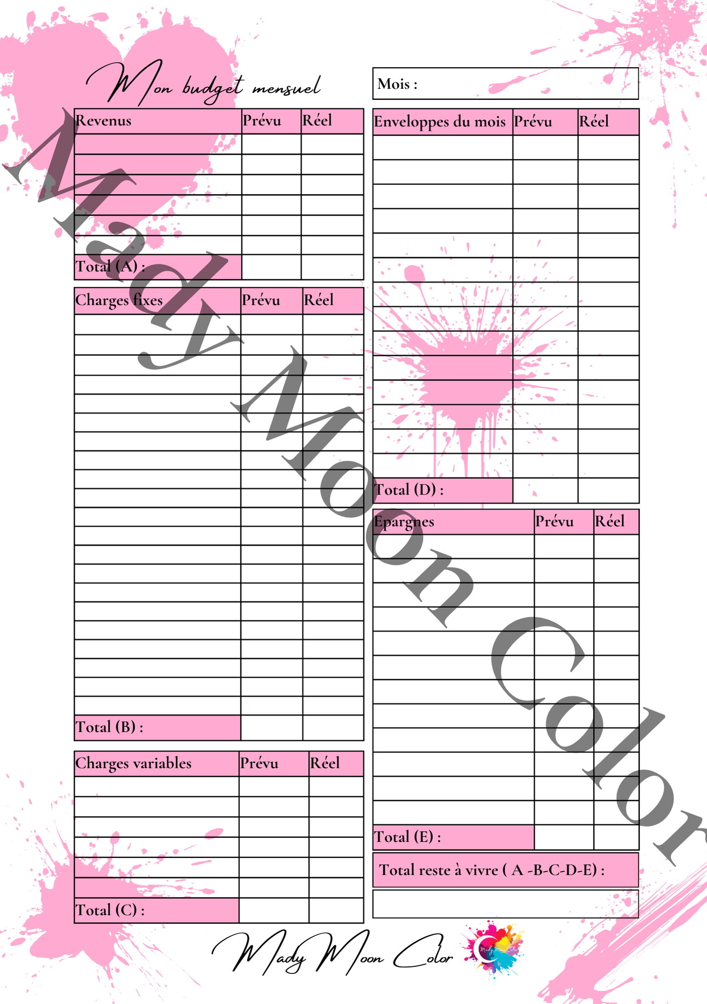 Bloc Budget mensuel rose